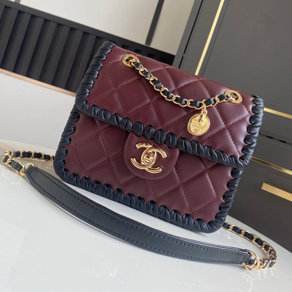 CC Flap Bag 15cm Burgundy Lambskin with Black Braided Trim