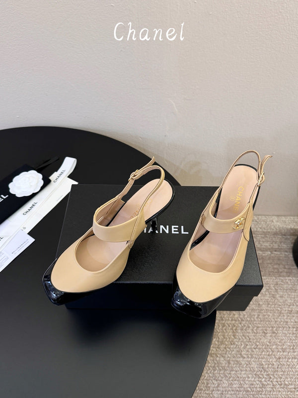CC 26S Square-Toe Mary Jane Slingback Pumps Beige Black Lambskin 835675