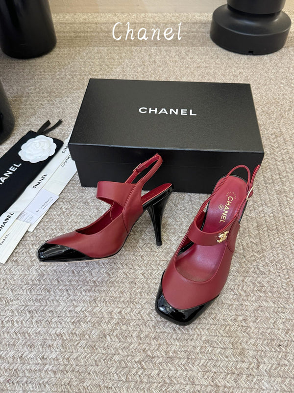 CC 26S Square-Toe Mary Jane Slingback Pumps Black Burgundy Lambskin 835671