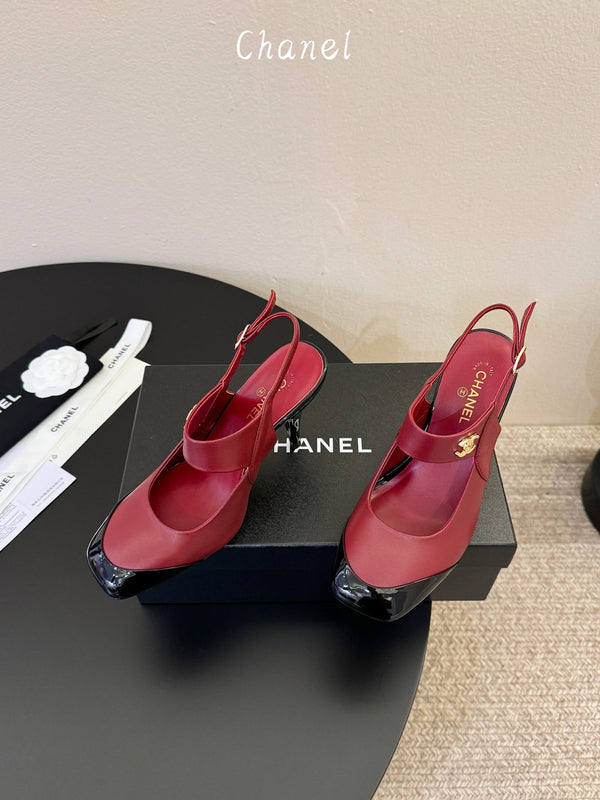 CC 26S Square-Toe Mary Jane Slingback Pumps Black Burgundy Lambskin 835671