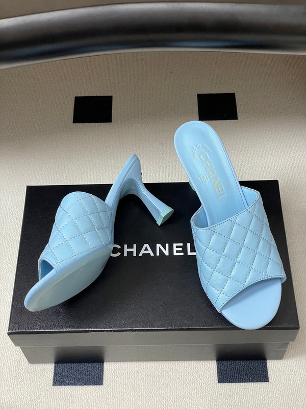 CC Quilted Heeled Sandal 8cm Blue Lambskin 834716