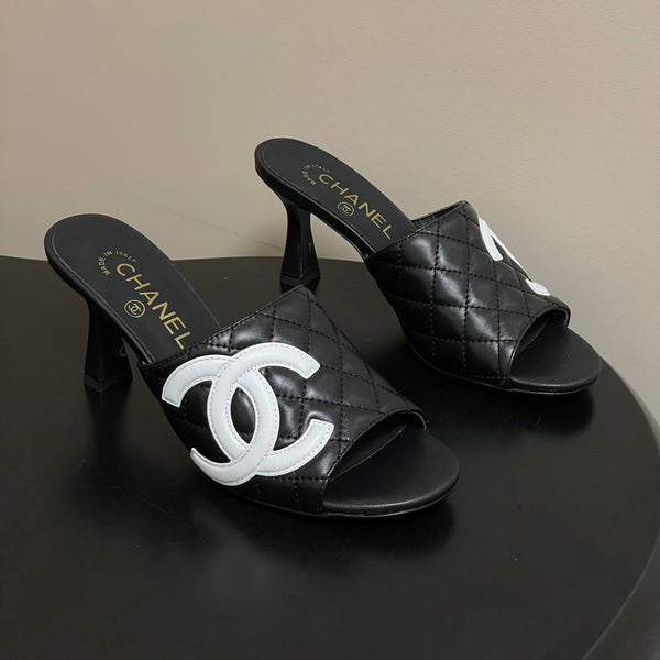 CC 26A Logo Quilted Heeled Sandals 8cm Black White Lambskin 834712
