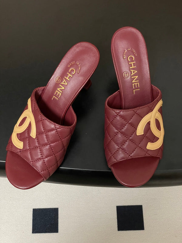 CC 26A Logo Quilted Heeled Sandals 8cm Burgundy Begie Lambskin 834708