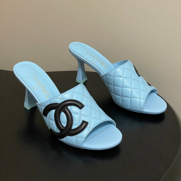CC 26A Logo Quilted Heeled Sandals 8cm Blue Black Lambskin 834707