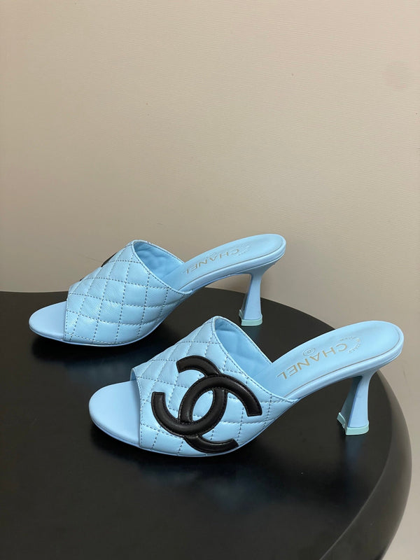 CC 26A Logo Quilted Heeled Sandals 8cm Blue Black Lambskin 834707