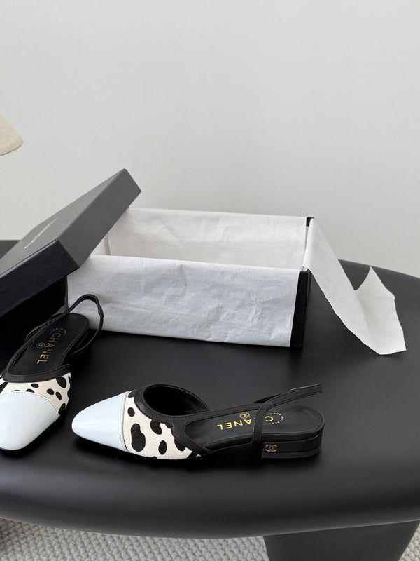 CC Slingback Flats Cream Black Spotted Calfskin 840028