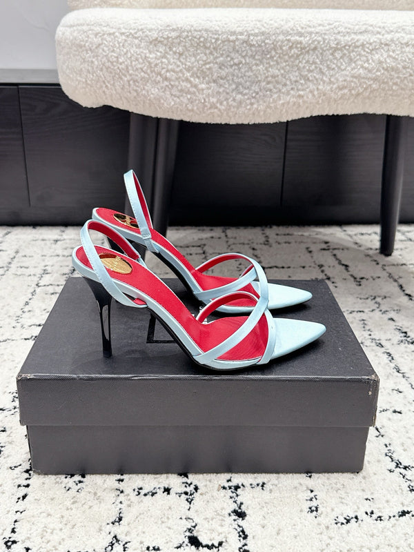 YSL Kirat Cross-Strap Stiletto Sandals 9.5cm Red Blue Cowhide Leather 847158