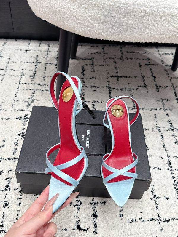 YSL Kirat Cross-Strap Stiletto Sandals 9.5cm Red Blue Cowhide Leather 847158