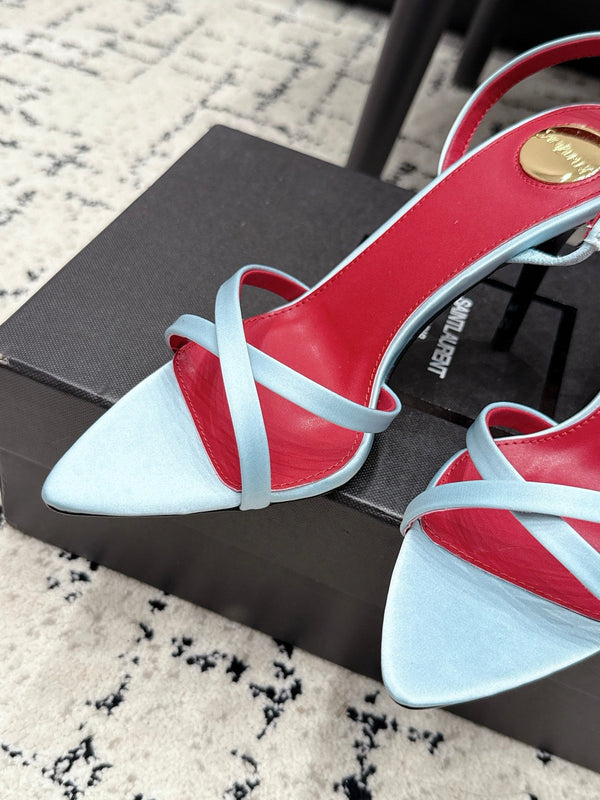 YSL Kirat Cross-Strap Stiletto Sandals 9.5cm Red Blue Cowhide Leather 847158