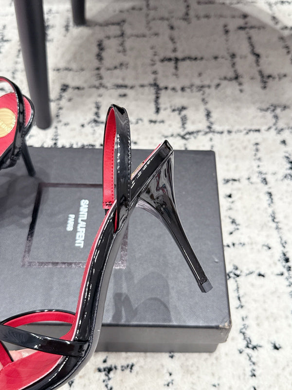 YSL Kirat Cross-Strap Stiletto Sandals 9.5cm Red Black Patent Cowhide Leather 847157