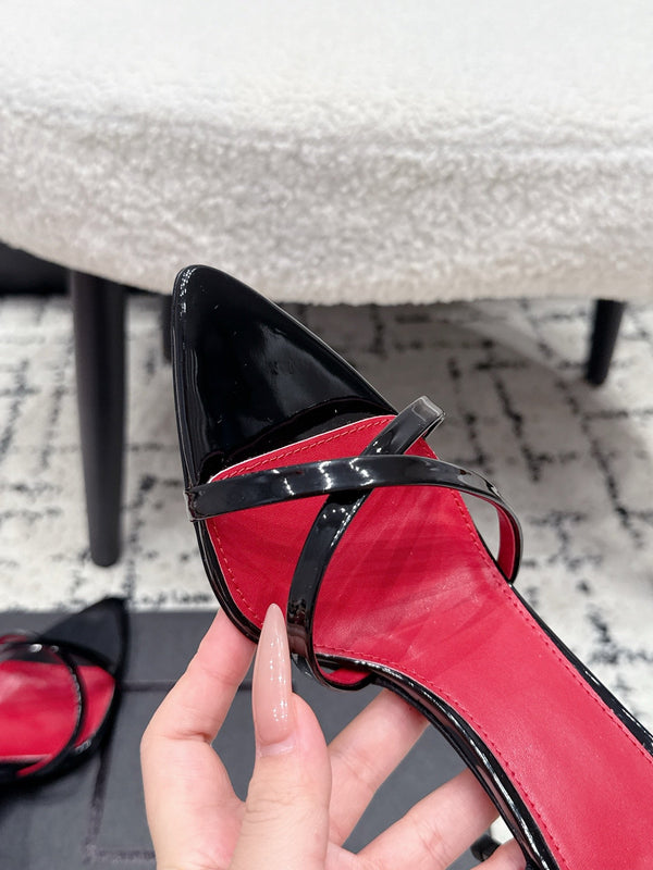 YSL Kirat Cross-Strap Stiletto Sandals 9.5cm Red Black Patent Cowhide Leather 847157