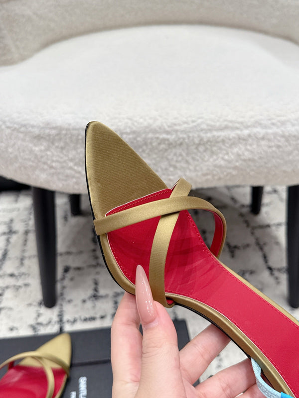 YSL Kirat Cross-Strap Stiletto Sandals 9.5cm Red Begie Cowhide Leather 847156