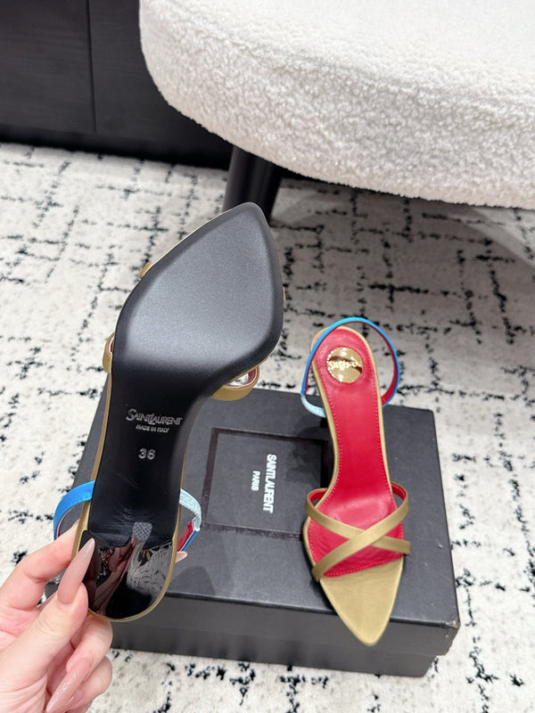 YSL Kirat Cross-Strap Stiletto Sandals 9.5cm Red Begie Cowhide Leather 847156