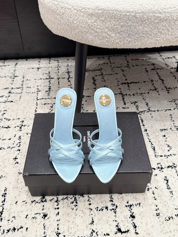 YSL Kirat Cross-Strap Stiletto Mules 10.5cm Blue Cowhide Leather 847151