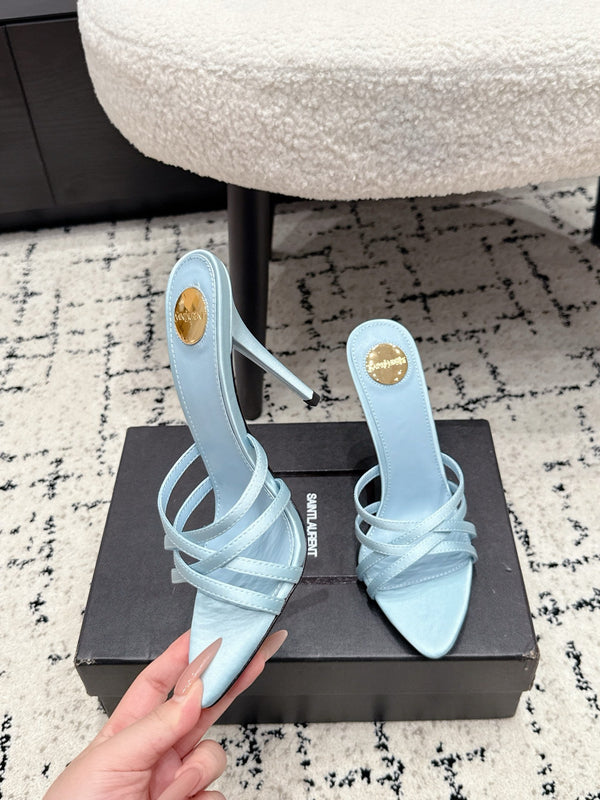 YSL Kirat Cross-Strap Stiletto Mules 10.5cm Blue Cowhide Leather 847151