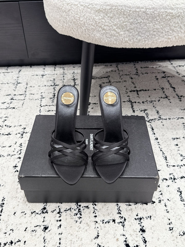 YSL Kirat Cross-Strap Stiletto Mules 10.5cm Black Cowhide Leather 847146