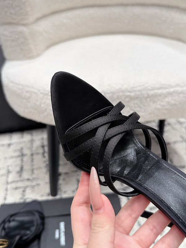 YSL Kirat Cross-Strap Stiletto Mules 10.5cm Black Cowhide Leather 847146
