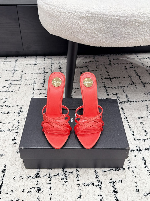 YSL Kirat Cross-Strap Stiletto Mules 10.5cm Red Cowhide Leather 847145