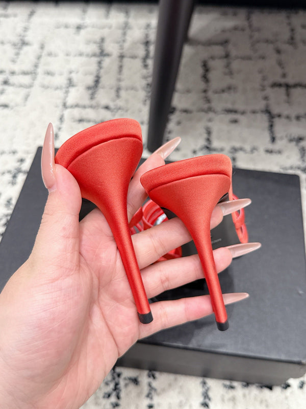 YSL Kirat Cross-Strap Stiletto Mules 10.5cm Red Cowhide Leather 847145
