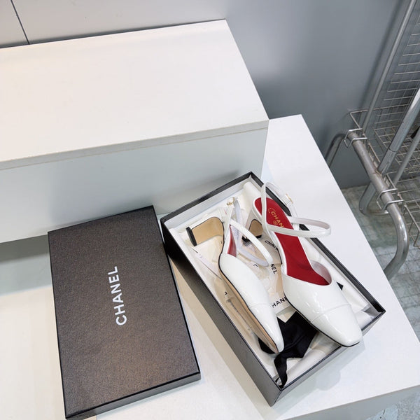 CC Block Heel Slingback Pumps 6.5cm White Patent Calfskin Leather 842772
