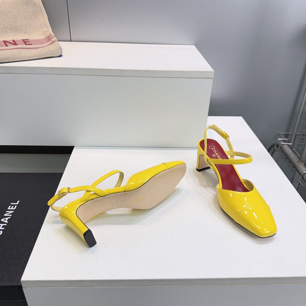 CC Block Heel Slingback Pumps 6.5cm Yellow Patent Calfskin Leather 842771