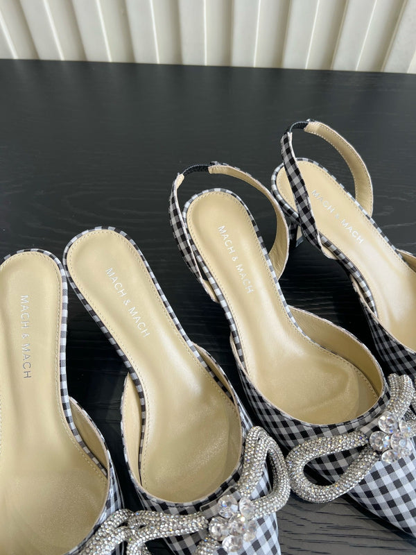 Mach Gingham Bow Slingback Pumps Black White Fabric 851908