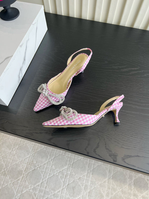 Mach Gingham Bow Slingback Pumps Pink White Fabric 851906