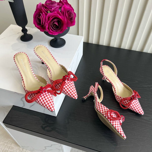 Mach Gingham Bow Slingback Pumps Red White Fabric 851905