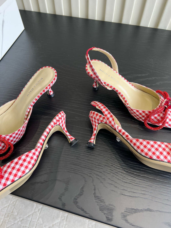 Mach Gingham Bow Slingback Pumps Red White Fabric 851905