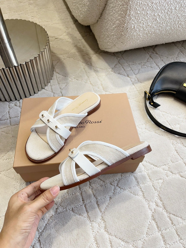 GR Paros Studded Flat Sandals White Cowhide & Fabric 851844