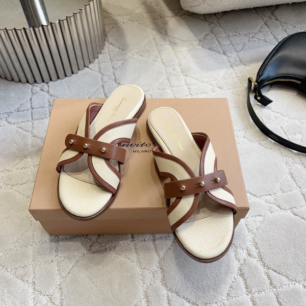 GR Paros Studded Flat Sandals Brown Cowhide & Fabric 851843