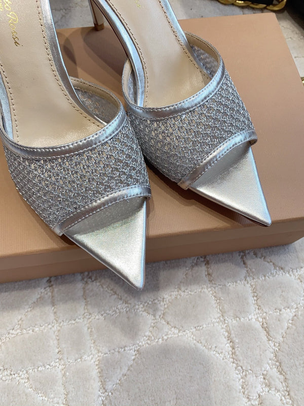 GR Pointed-Toe Mule Sandals 8.5cm Silver Metallic Cowhide & Mesh 854880