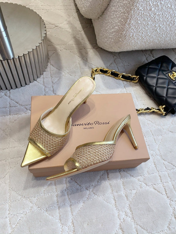 GR Pointed-Toe Mule Sandals 8.5cm Gold Metallic Cowhide & Mesh 854879