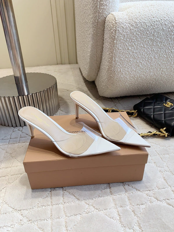 GR Pointed-Toe Mule Sandals 8.5cm White Patent Cowhide & PVC 854877