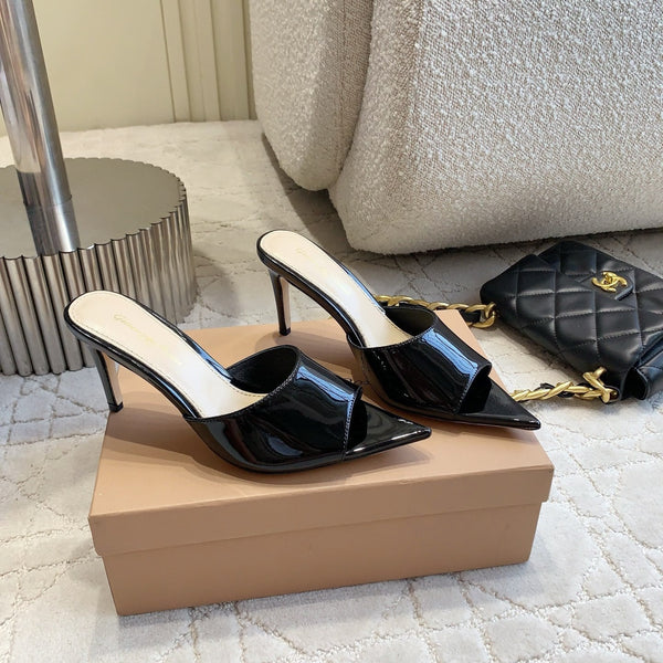 GR Pointed-Toe Mule Sandals 8.5cm Black Patent Cowhide 851874