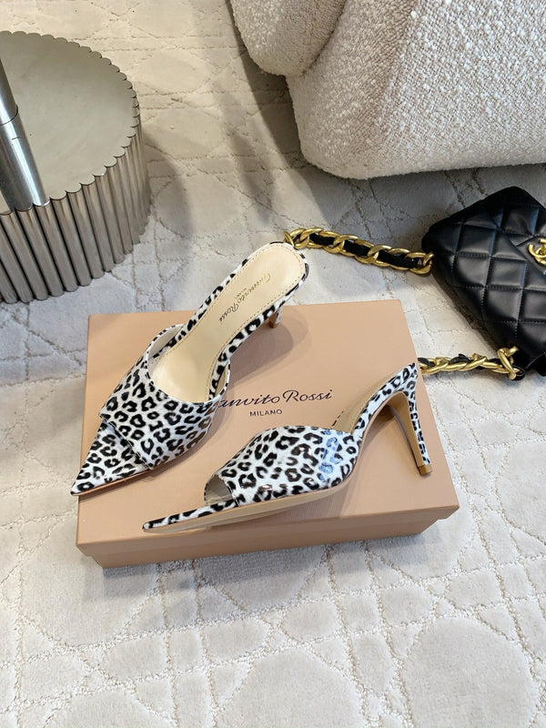 GR Leopard Print Pointed-Toe Mules 8.5cm White Patent Cowhide 851871