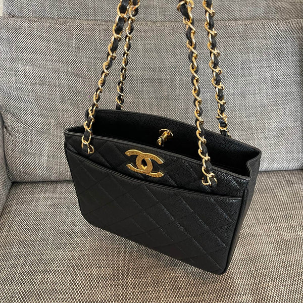 CC Vintage CC Lock Tote Bag 28cm Black Cowhide