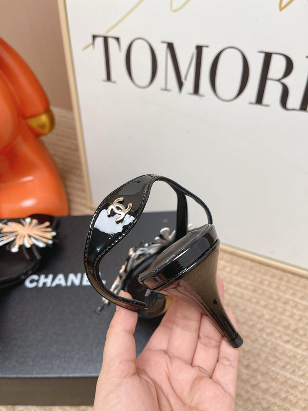 CC Floral Square-Toe Slingback Pumps Black Patent Lambskin 854579
