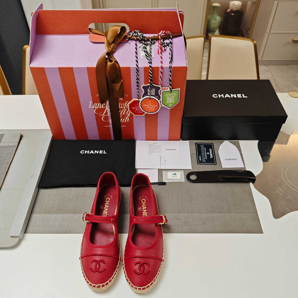CC Espadrilles Red Lambskin Leather Jute Sole 855753