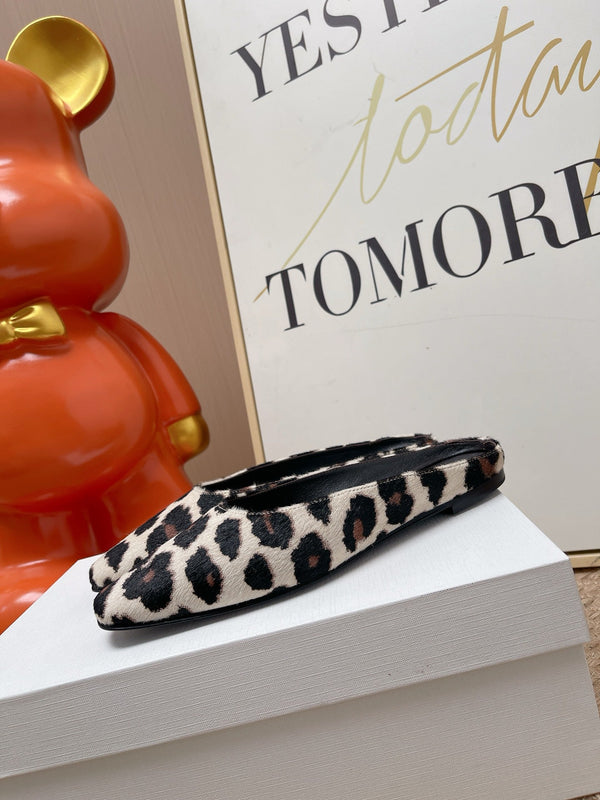 TR Mules Black Leopard Spotted Square Toe Horsehair 854393
