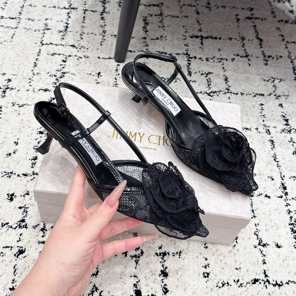 JC Mimmi Slingback Pumps Floral Appliqué 5.5cm Black Lace 858432