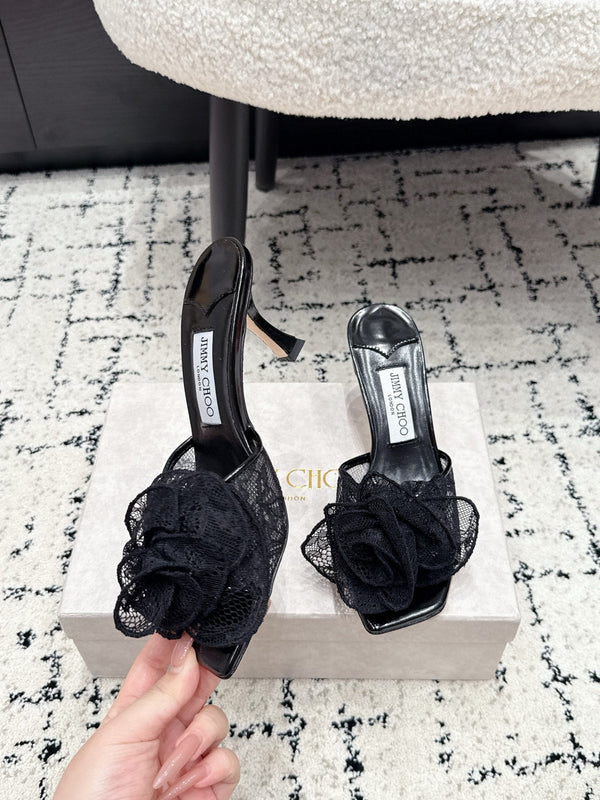 JC 26SS Floral Appliqué Mules 6.5cm Black Lace 858430