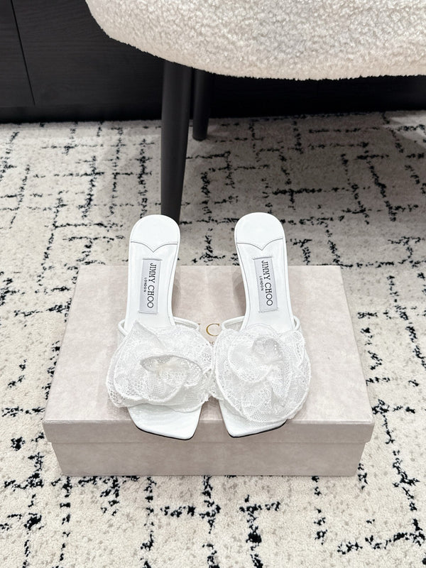JC 26SS Floral Appliqué Mules 6.5cm  White Lace 858429