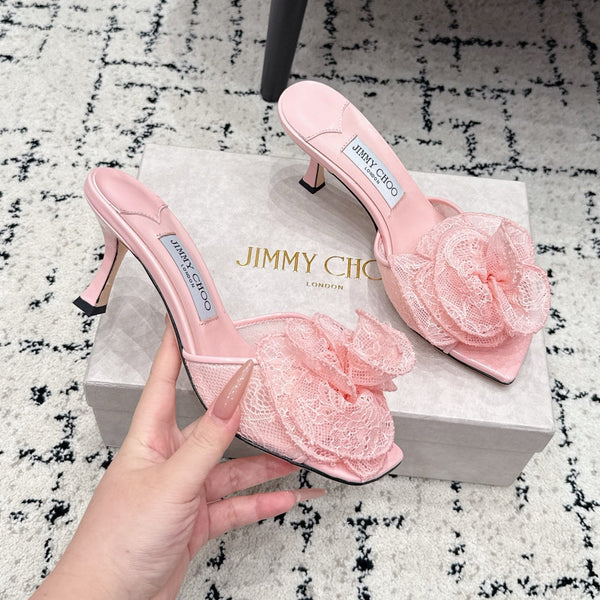 JC 26SS Floral Appliqué Mules 6.5cm Pink Lace 858428