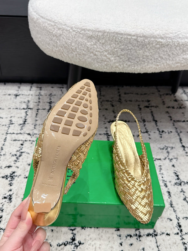 BV 26SS Intrecciato Slingback Heels 5.5cm Gold Metallic Woven Leather 858418