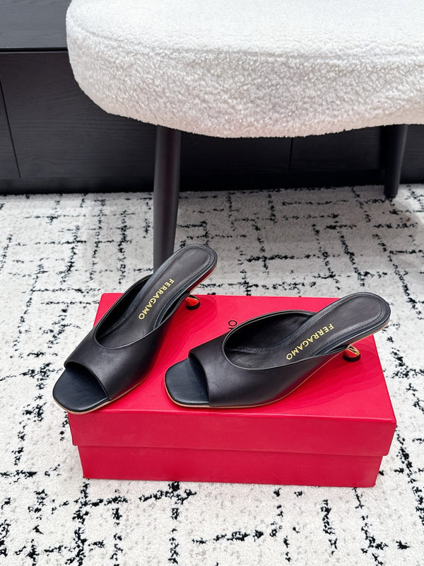 FG 26SS Logo Peep Toe Mules 5.5cm Chocolate Lambskin 858416