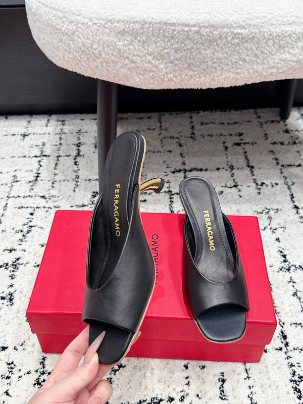 FG 26SS Logo Peep Toe Mules 5.5cm Chocolate Lambskin 858416