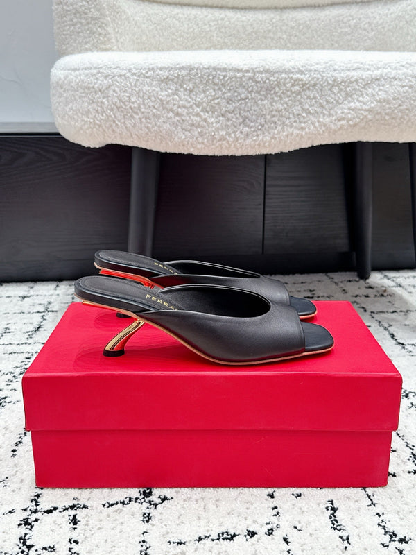 FG 26SS Logo Peep Toe Mules 5.5cm Black Lambskin 858414