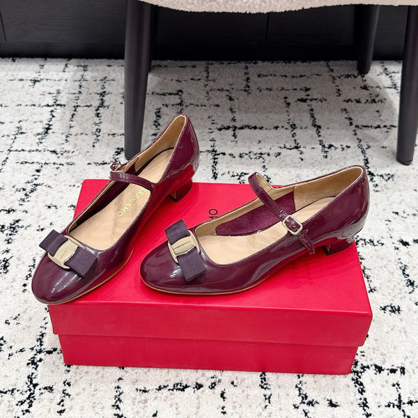 FG Vara Bow Round Toe Mary Jane Pumps 3.5cm Burgundy Patent Leather 458403
