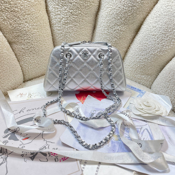 CC 26P Bowling Bag Chain Strap 19.5cn Silver Metallic Caviar Cowhide
